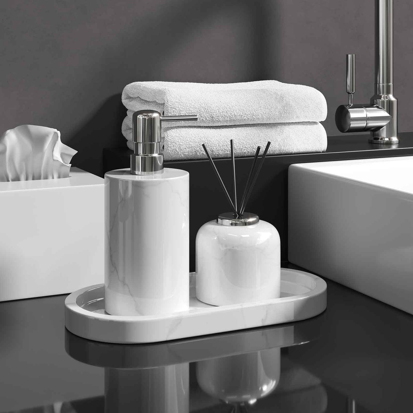 Luxury Light Jazz White Marble Bathroom Suite, including Hand Sanitizer Bottle, Jewelry Storage Basket and Tray Set