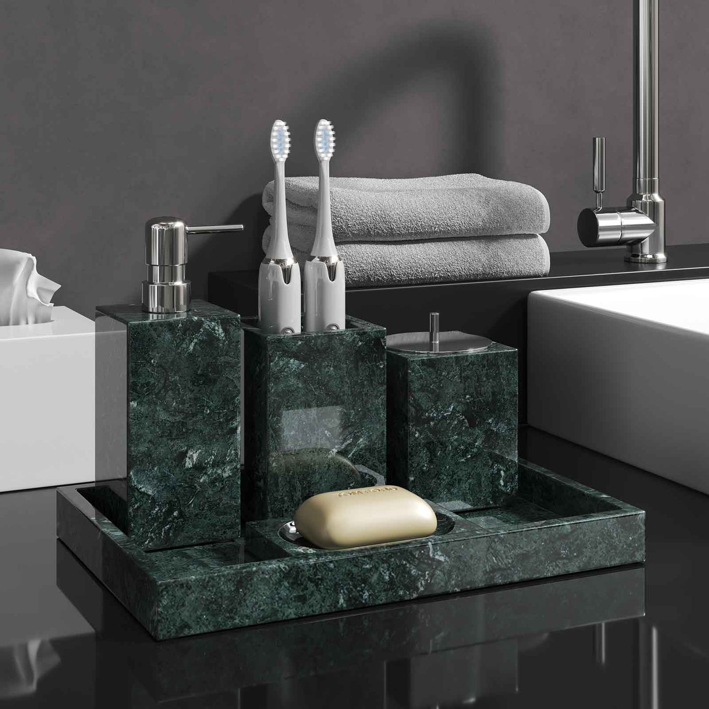 Luxury Light Jazz Green Marble Bathroom Suite, including Hand Sanitizer Bottle, Jewelry Storage Basket and Tray Set