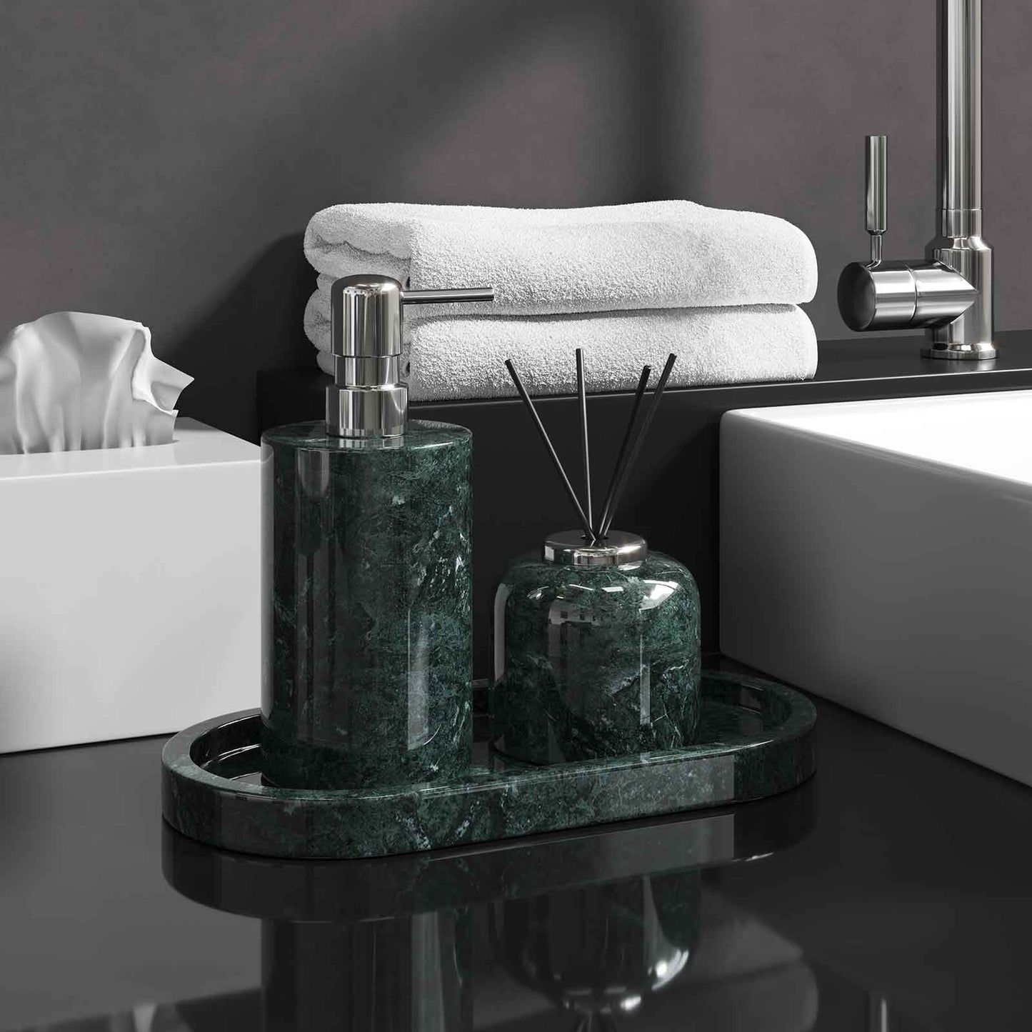 Luxury Light Jazz Green Marble Bathroom Suite, including Hand Sanitizer Bottle, Jewelry Storage Basket and Tray Set