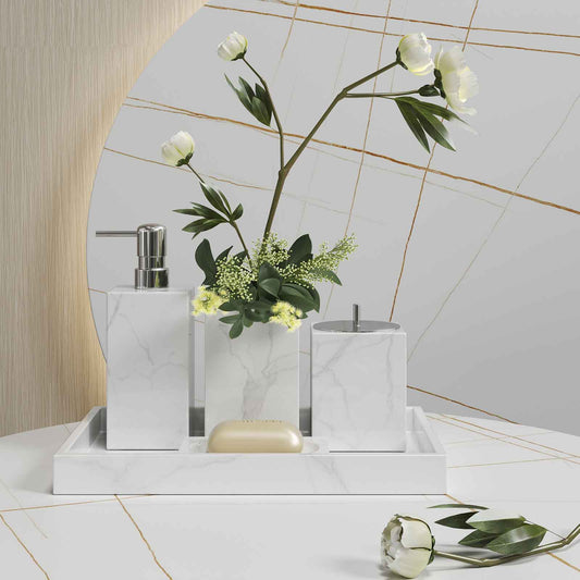 Luxury Light Jazz White Marble Bathroom Suite, including Hand Sanitizer Bottle, Jewelry Storage Basket and Tray Set