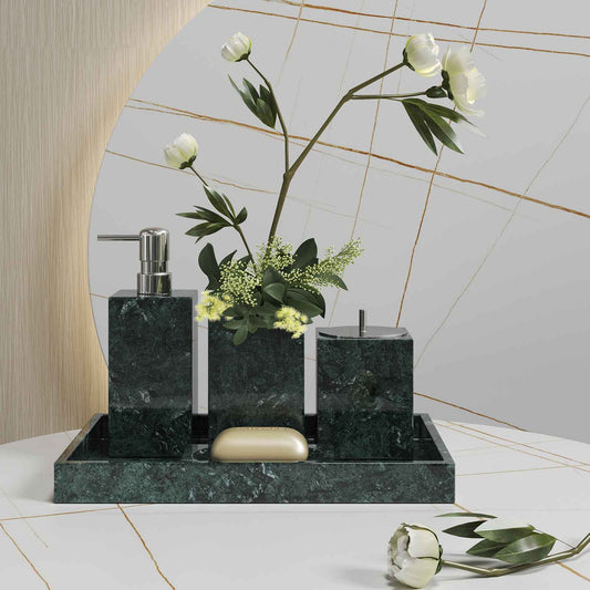 Luxury Light Jazz Green Marble Bathroom Suite, including Hand Sanitizer Bottle, Jewelry Storage Basket and Tray Set