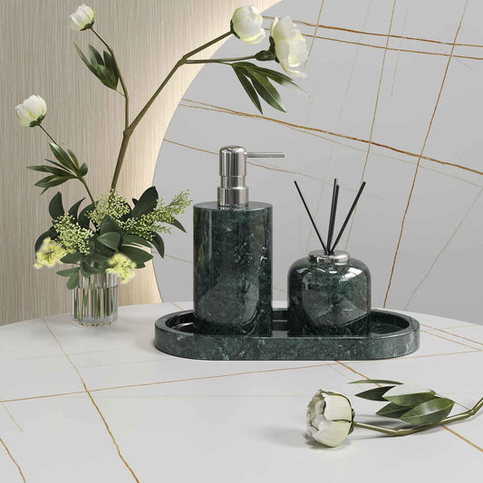 Luxury Light Jazz Green Marble Bathroom Suite, including Hand Sanitizer Bottle, Jewelry Storage Basket and Tray Set