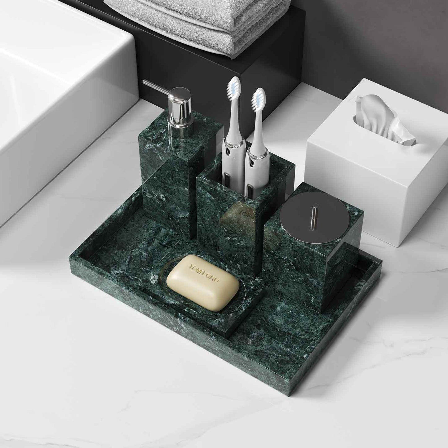 Luxury Light Jazz Green Marble Bathroom Suite, including Hand Sanitizer Bottle, Jewelry Storage Basket and Tray Set