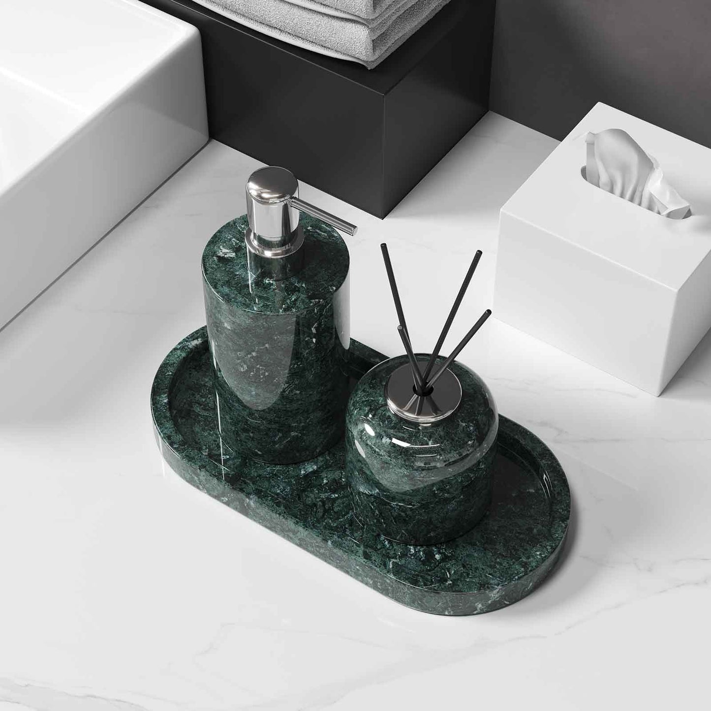 Luxury Light Jazz Green Marble Bathroom Suite, including Hand Sanitizer Bottle, Jewelry Storage Basket and Tray Set