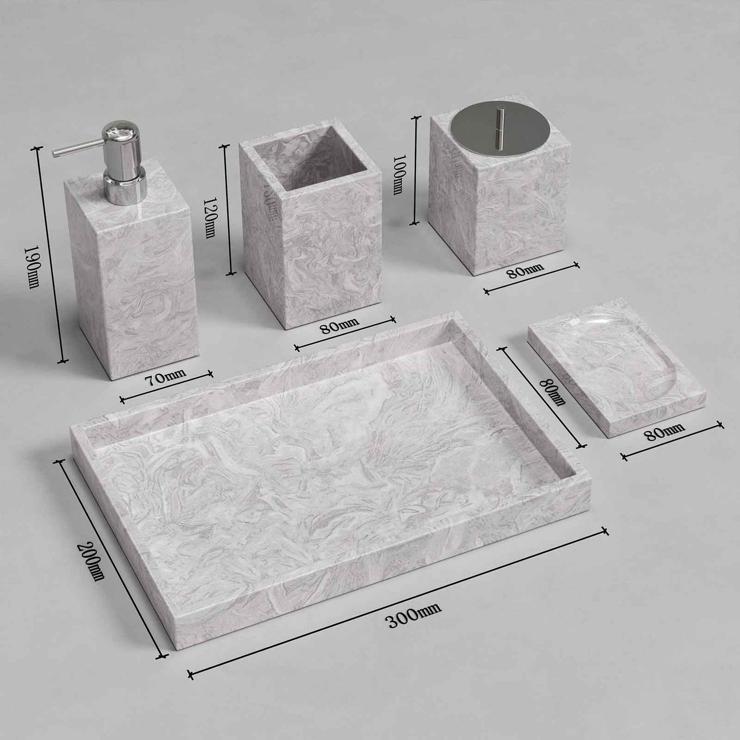 Luxury Light Jazz GreyMarble Bathroom Suite, including Hand Sanitizer Bottle, Jewelry Storage Basket and Tray Set