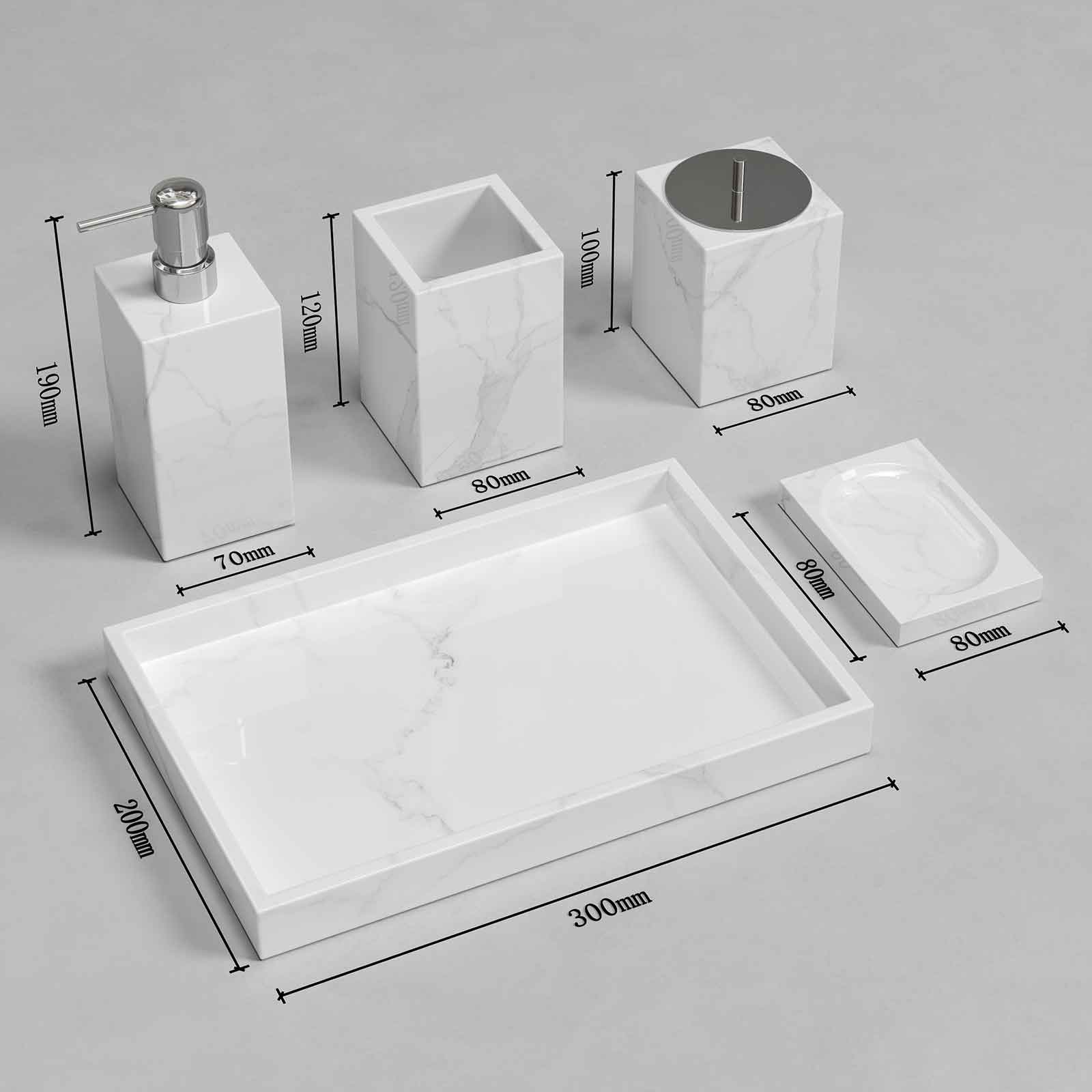 Luxury Light Jazz White Marble Bathroom Suite, including Hand Sanitizer Bottle, Jewelry Storage Basket and Tray Set