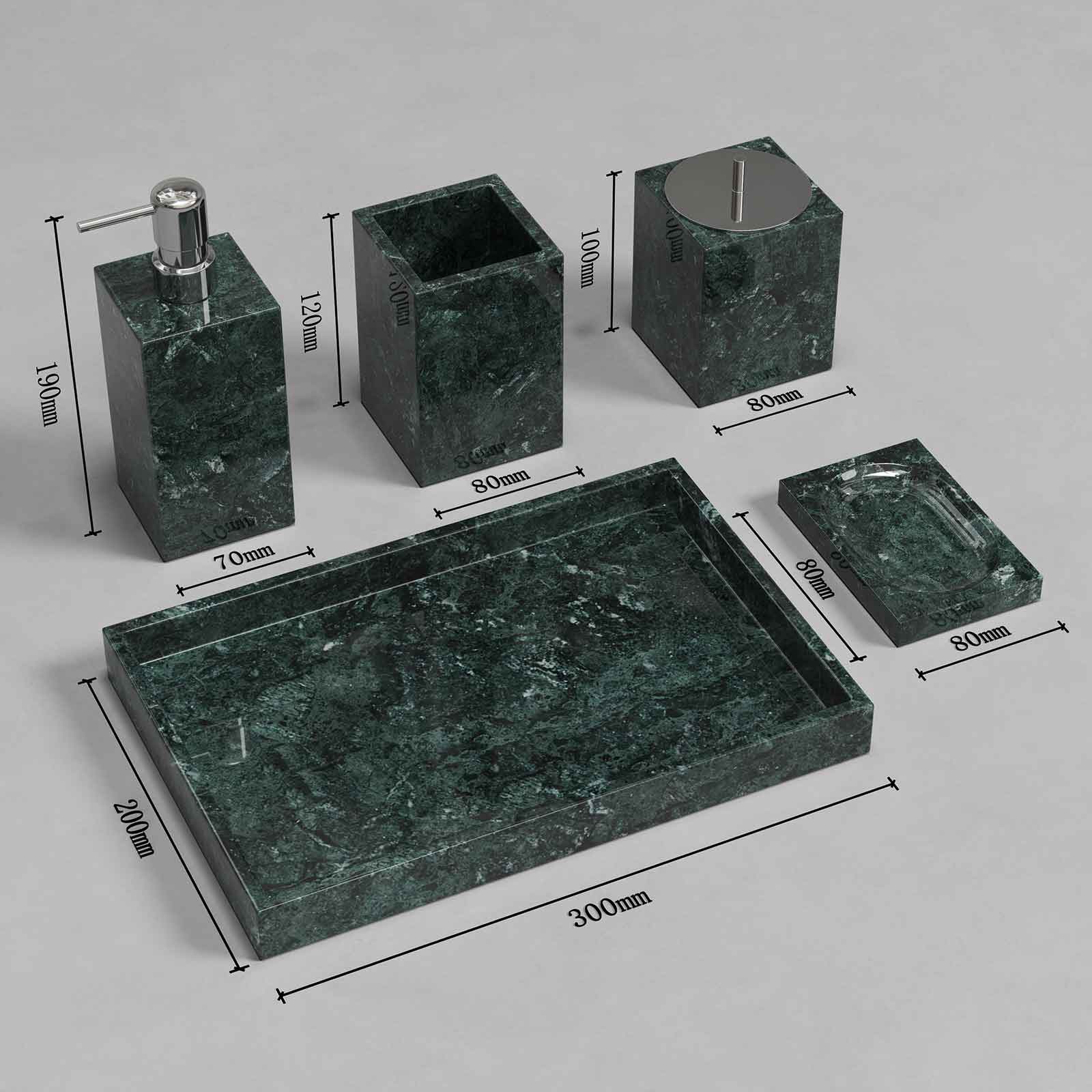 Luxury Light Jazz Green Marble Bathroom Suite, including Hand Sanitizer Bottle, Jewelry Storage Basket and Tray Set