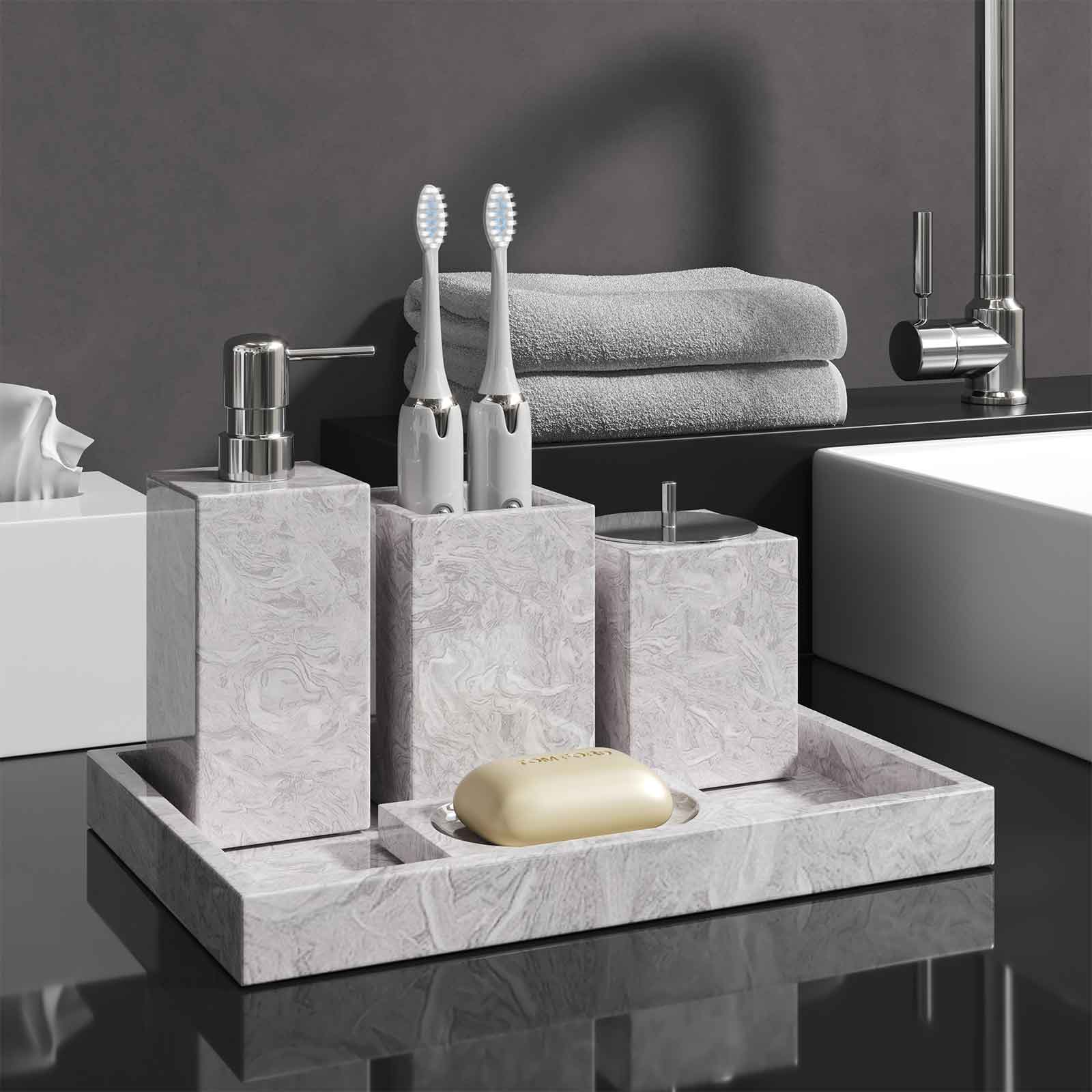 Luxury Light Jazz GreyMarble Bathroom Suite, including Hand Sanitizer Bottle, Jewelry Storage Basket and Tray Set