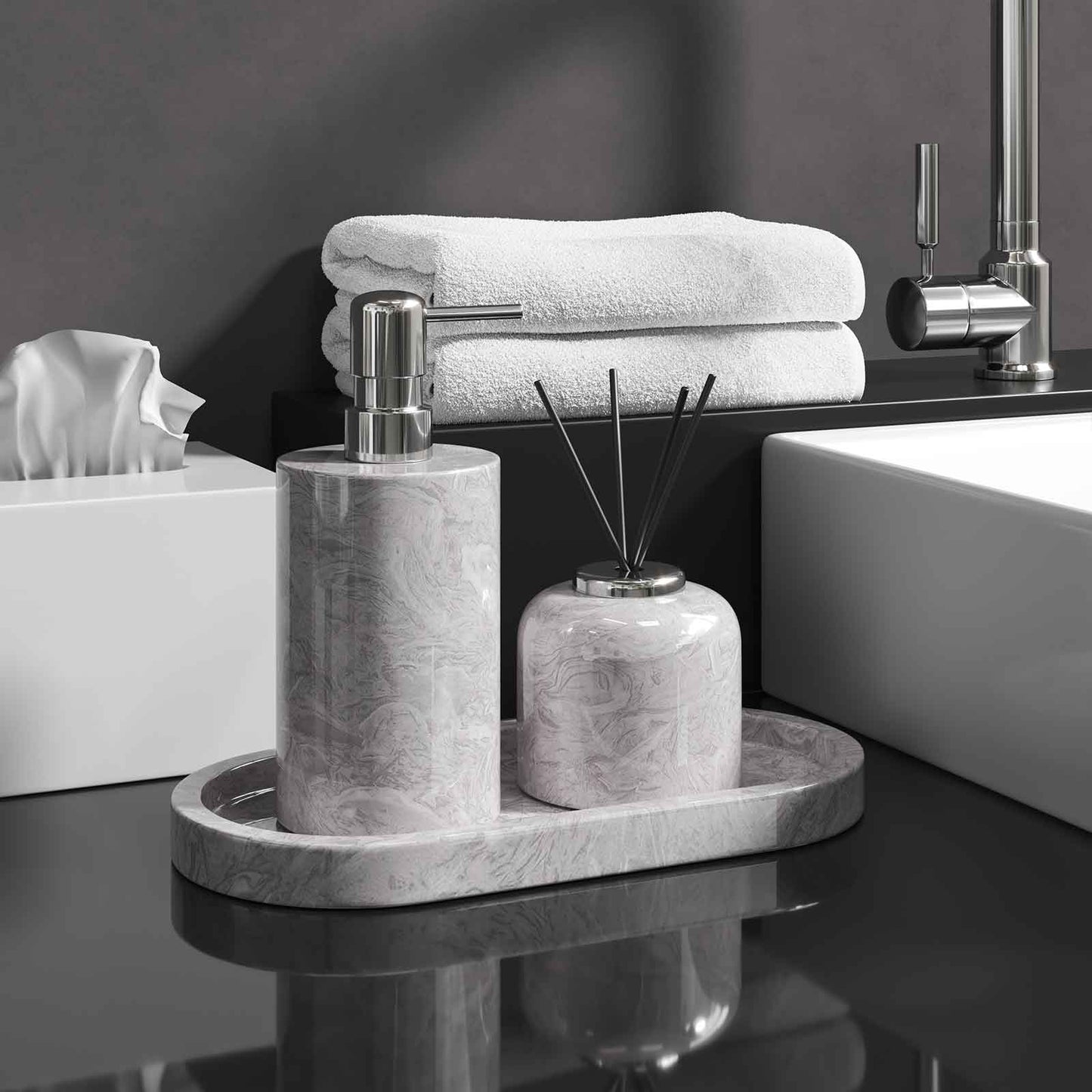 Luxury Light Jazz GreyMarble Bathroom Suite, including Hand Sanitizer Bottle, Jewelry Storage Basket and Tray Set