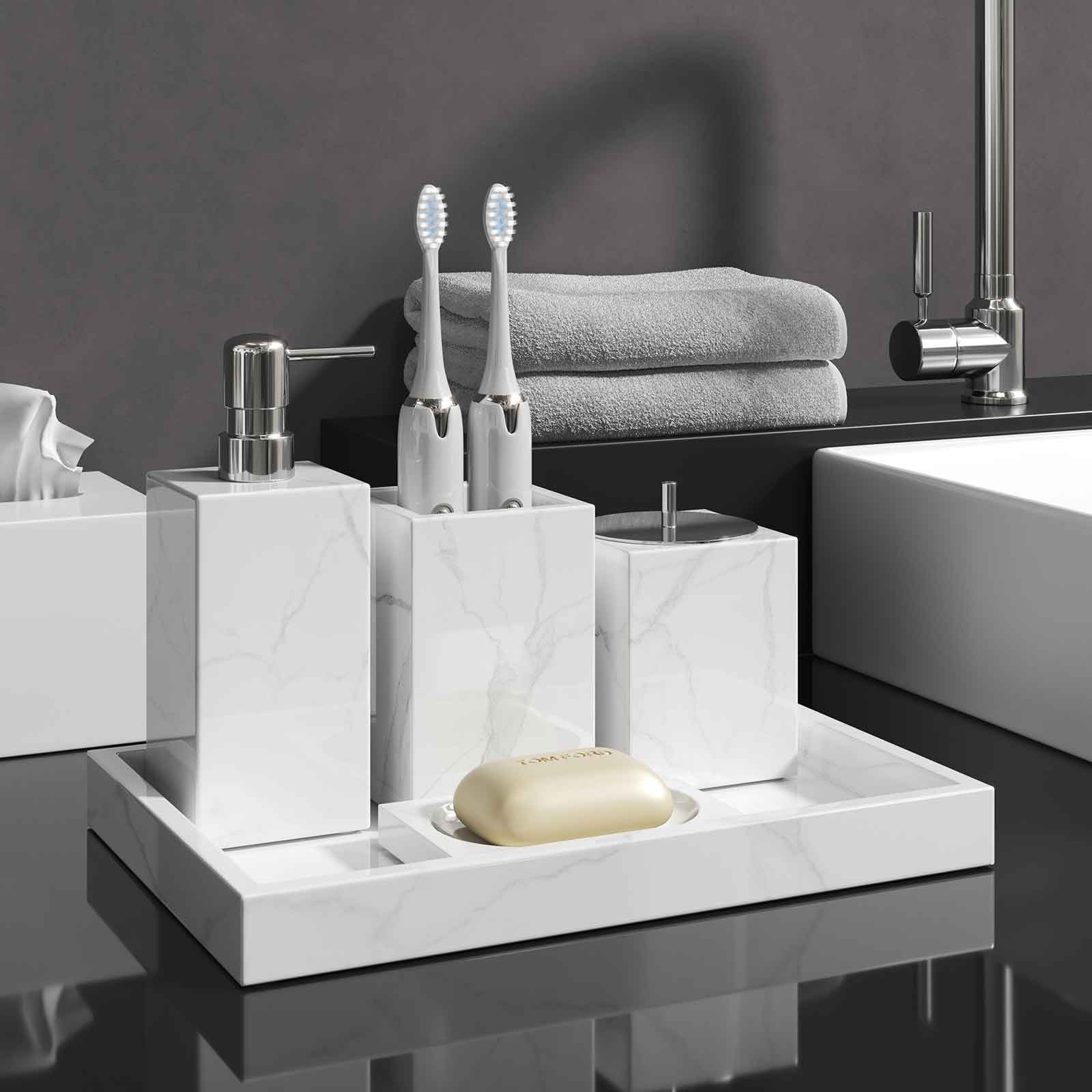 Luxury Light Jazz White Marble Bathroom Suite, including Hand Sanitizer Bottle, Jewelry Storage Basket and Tray Set