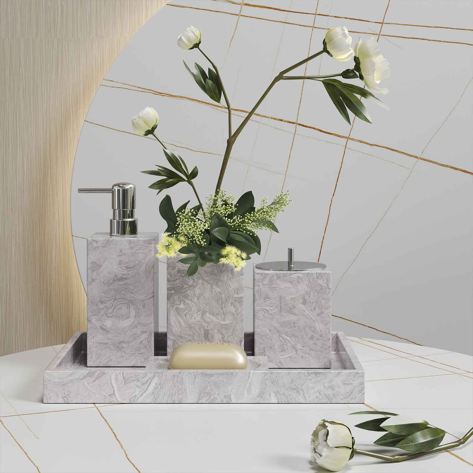 Luxury Light Jazz GreyMarble Bathroom Suite, including Hand Sanitizer Bottle, Jewelry Storage Basket and Tray Set
