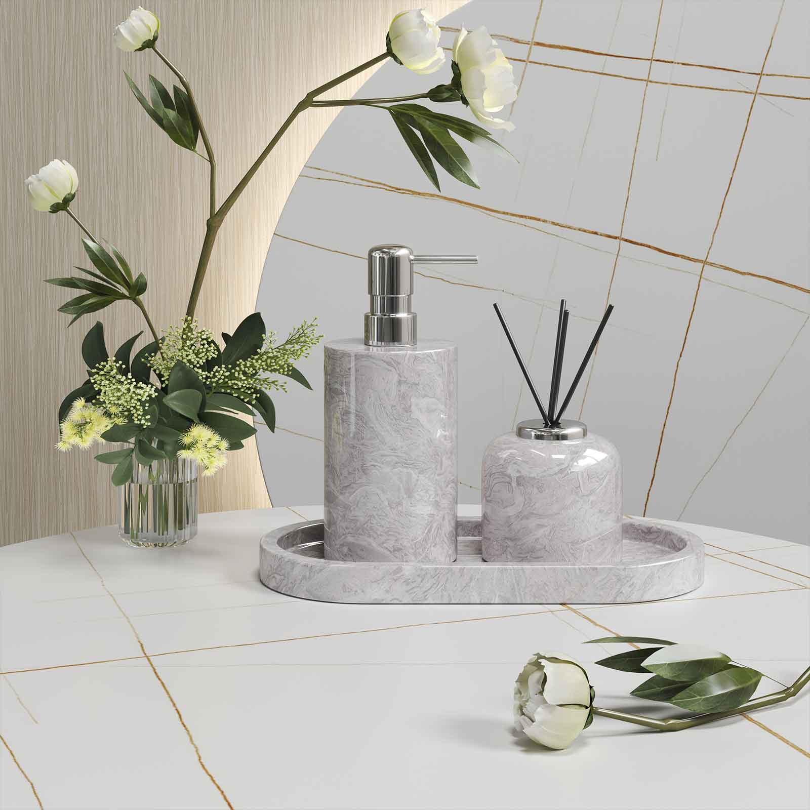 Luxury Light Jazz GreyMarble Bathroom Suite, including Hand Sanitizer Bottle, Jewelry Storage Basket and Tray Set