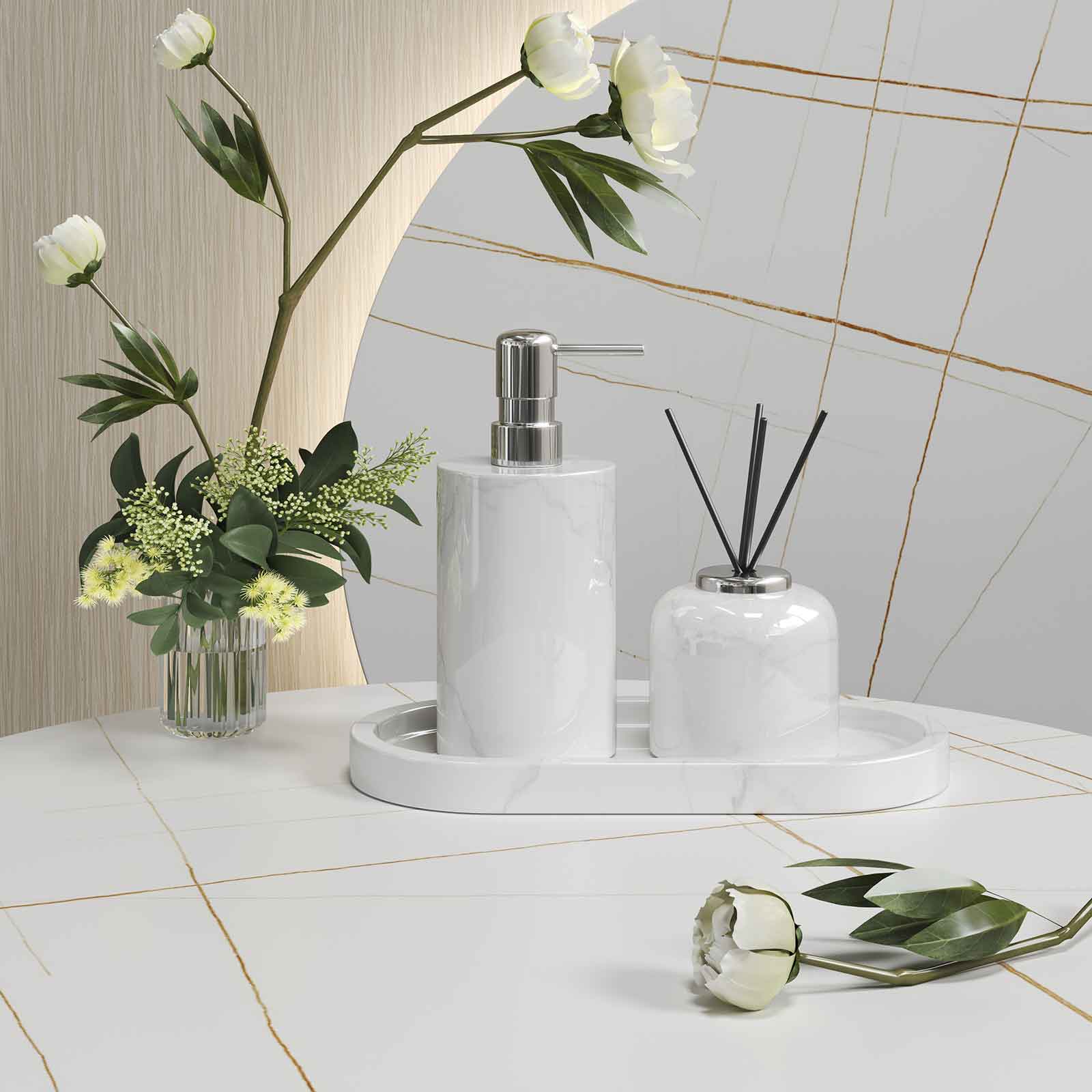 Luxury Light Jazz White Marble Bathroom Suite, including Hand Sanitizer Bottle, Jewelry Storage Basket and Tray Set