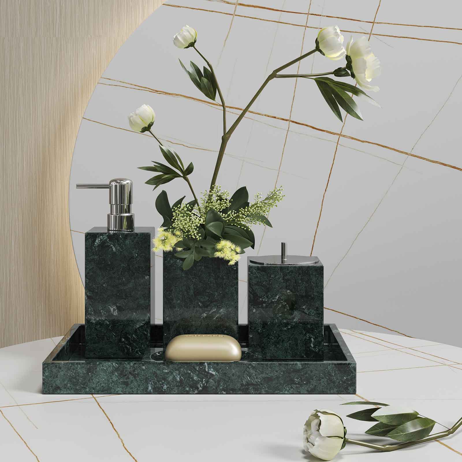Luxury Light Jazz Green Marble Bathroom Suite, including Hand Sanitizer Bottle, Jewelry Storage Basket and Tray Set