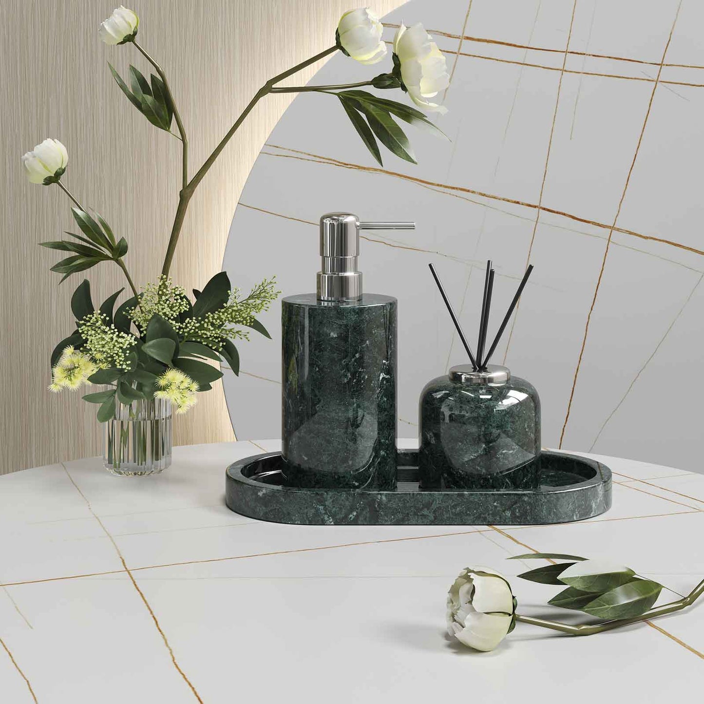 Luxury Light Jazz Green Marble Bathroom Suite, including Hand Sanitizer Bottle, Jewelry Storage Basket and Tray Set