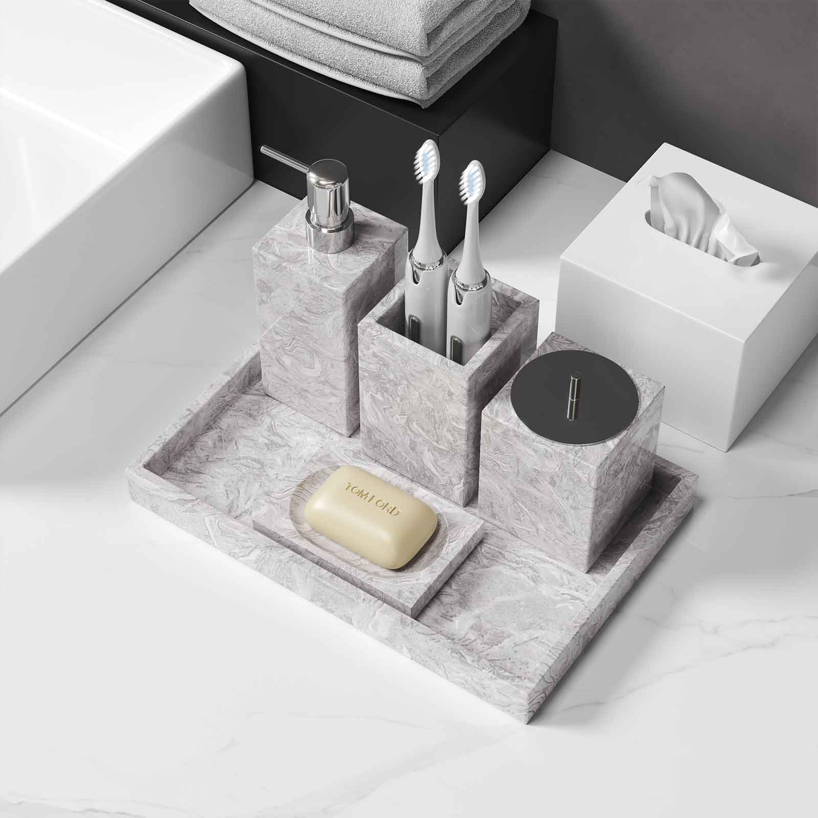 Luxury Light Jazz GreyMarble Bathroom Suite, including Hand Sanitizer Bottle, Jewelry Storage Basket and Tray Set