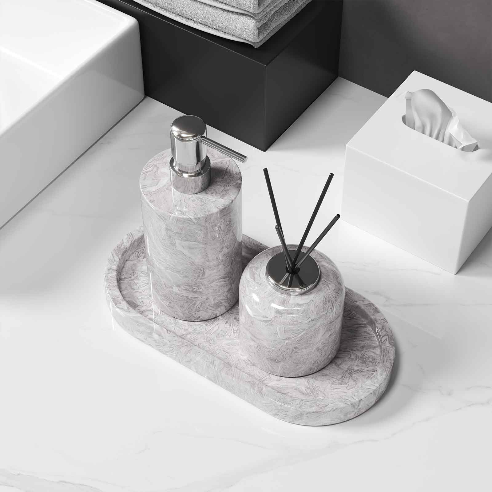 Luxury Light Jazz GreyMarble Bathroom Suite, including Hand Sanitizer Bottle, Jewelry Storage Basket and Tray Set
