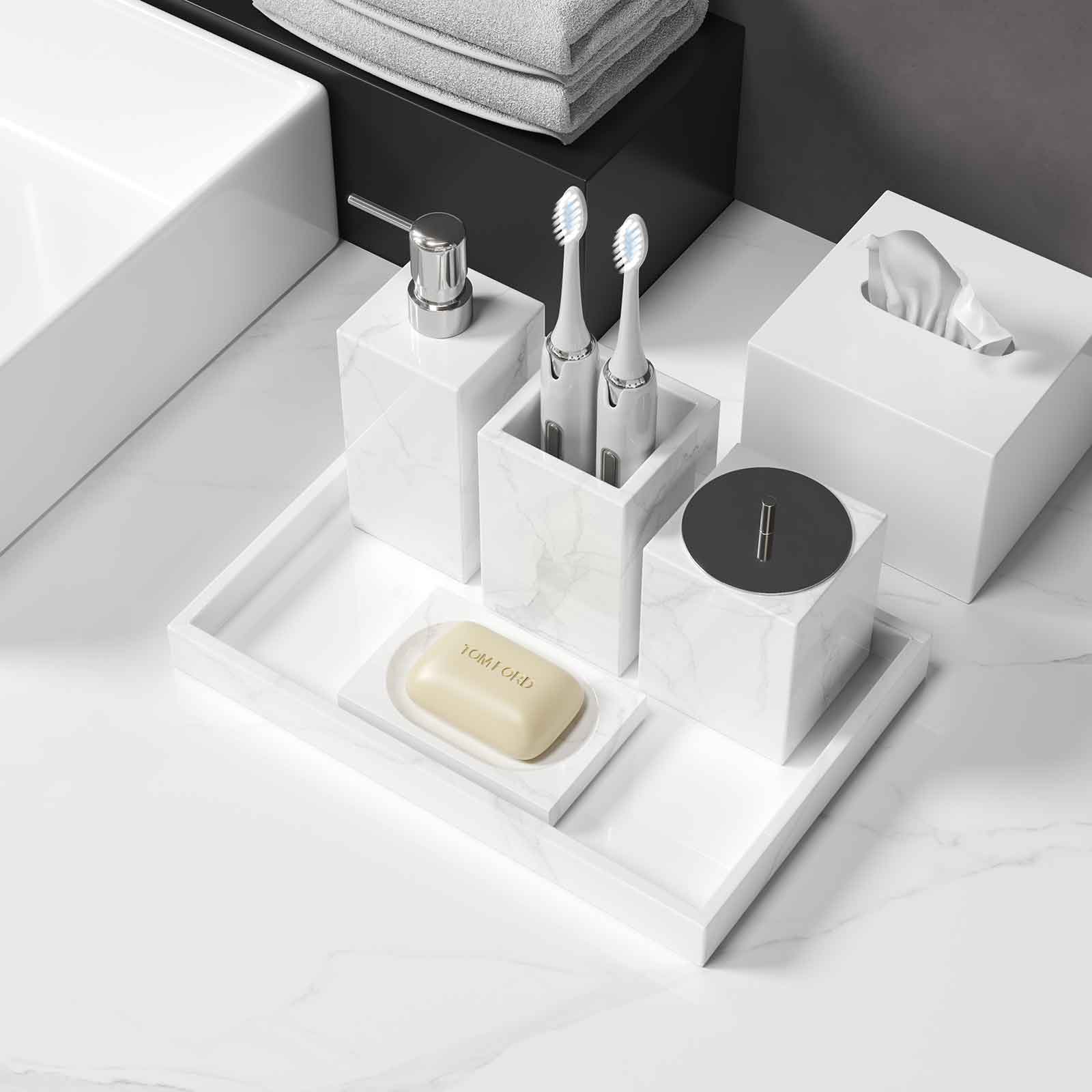 Luxury Light Jazz White Marble Bathroom Suite, including Hand Sanitizer Bottle, Jewelry Storage Basket and Tray Set
