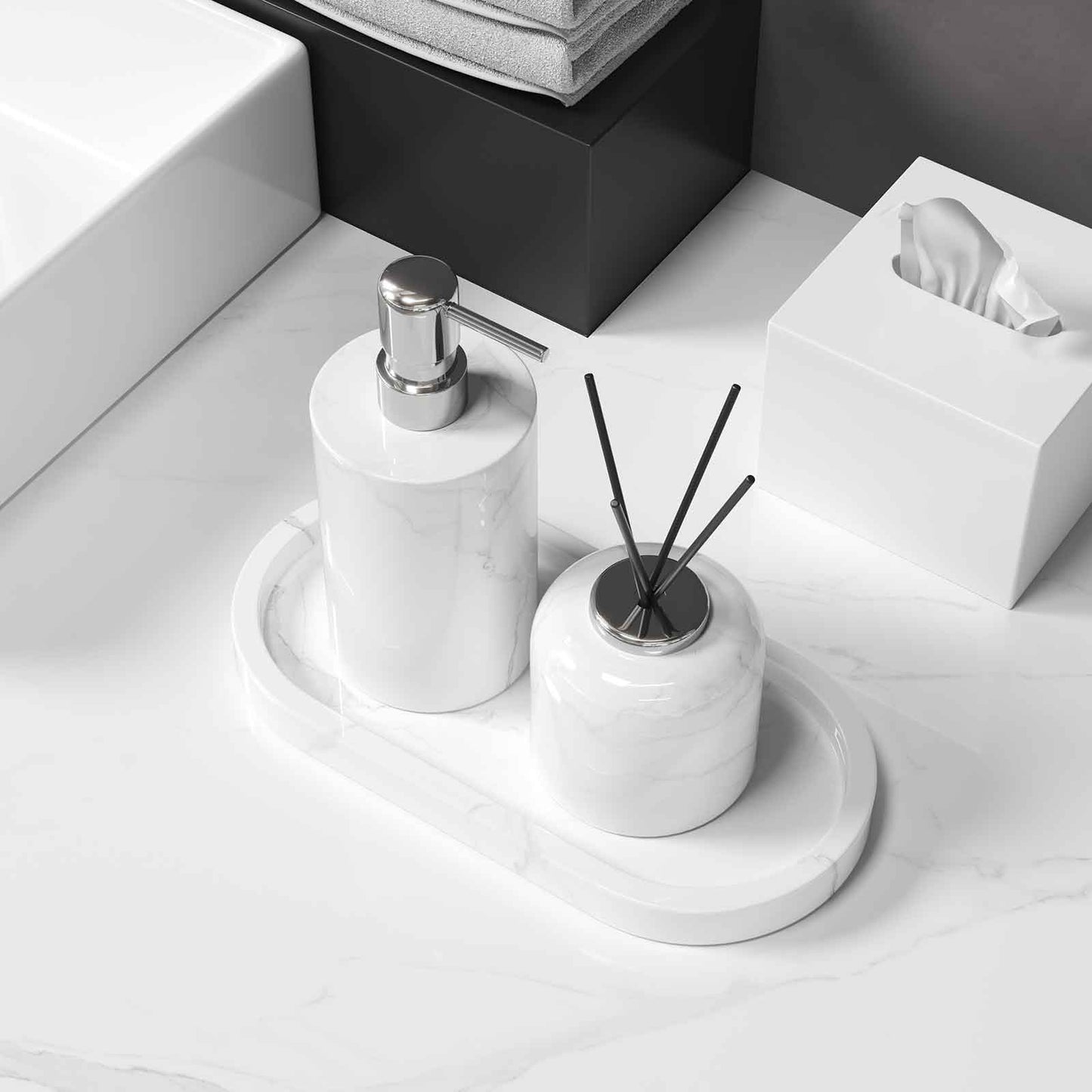 Luxury Light Jazz White Marble Bathroom Suite, including Hand Sanitizer Bottle, Jewelry Storage Basket and Tray Set