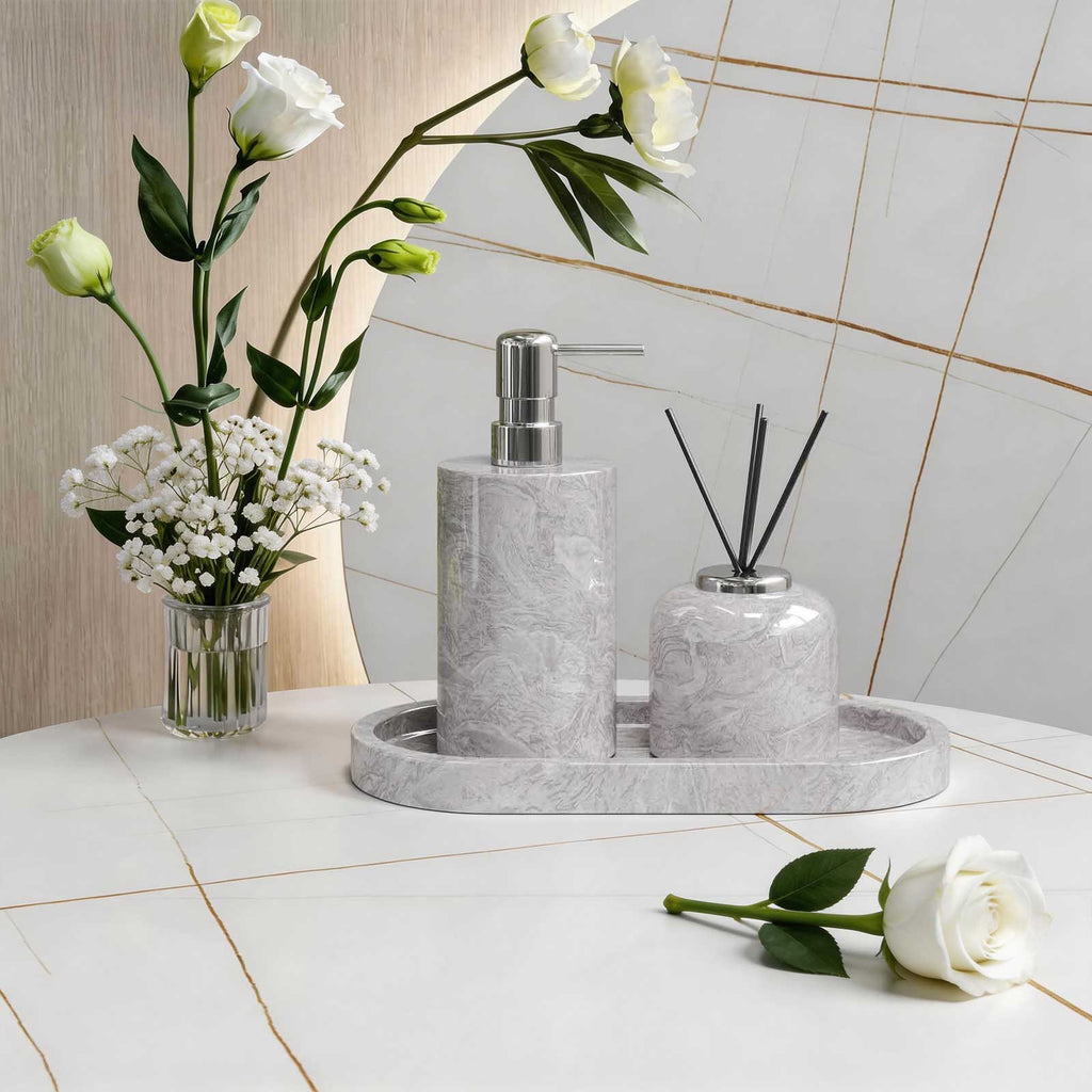 AUSAULAC Hermes Grey Close-up of {material} marble bathroom suite pieces - Premium Quality