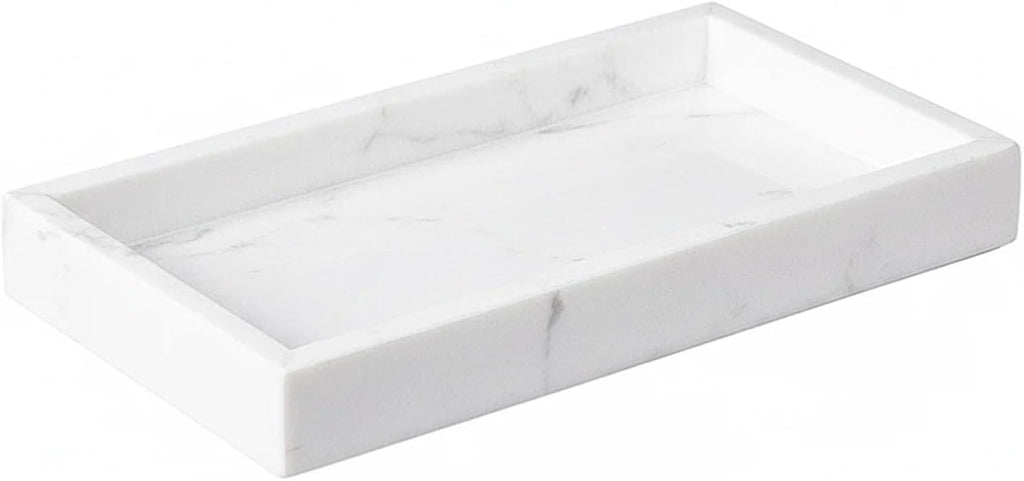 Natural Marble Tray Heavyweight Stone Vanity Tray for Bathroom Countertop, Coffee Table & Dresser - Handcrafted Rectangular Organizer (White, 9.84" x 4.72" x 1.18")