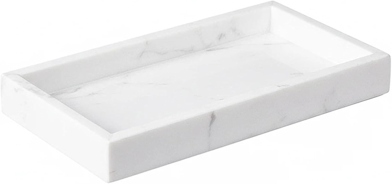 Natural Marble Tray Heavyweight Stone Vanity Tray for Bathroom Countertop, Coffee Table & Dresser - Handcrafted Rectangular Organizer (White, 9.84" x 4.72" x 1.18")