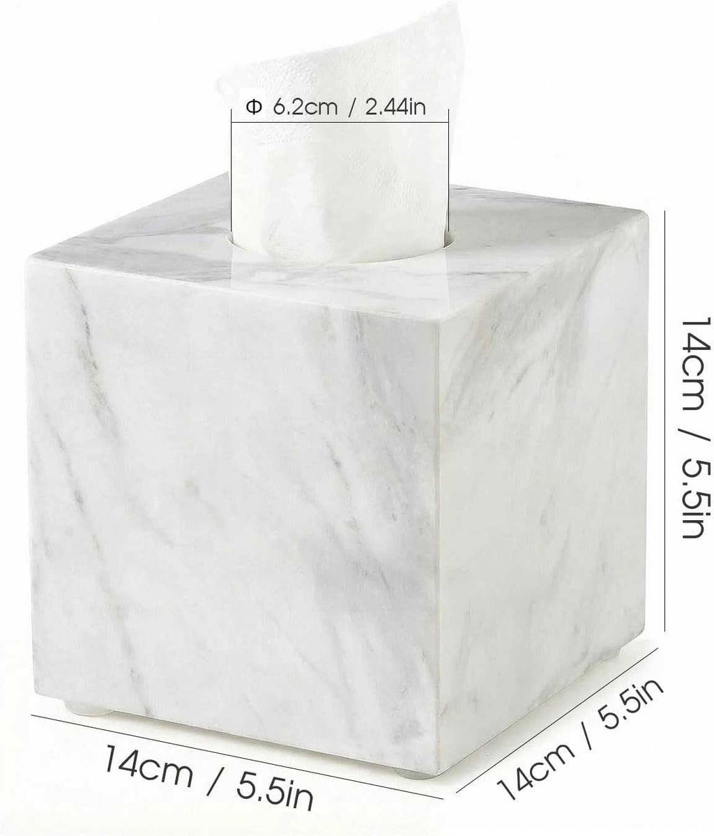 Natural Marble Tissue Box Cover - Square Facial Tissue Holder for Bathroom Vanity, Living Room & Office - Heavyweight Stone Cover fits Standard Cube Boxes, 5.5x5.5in (White)