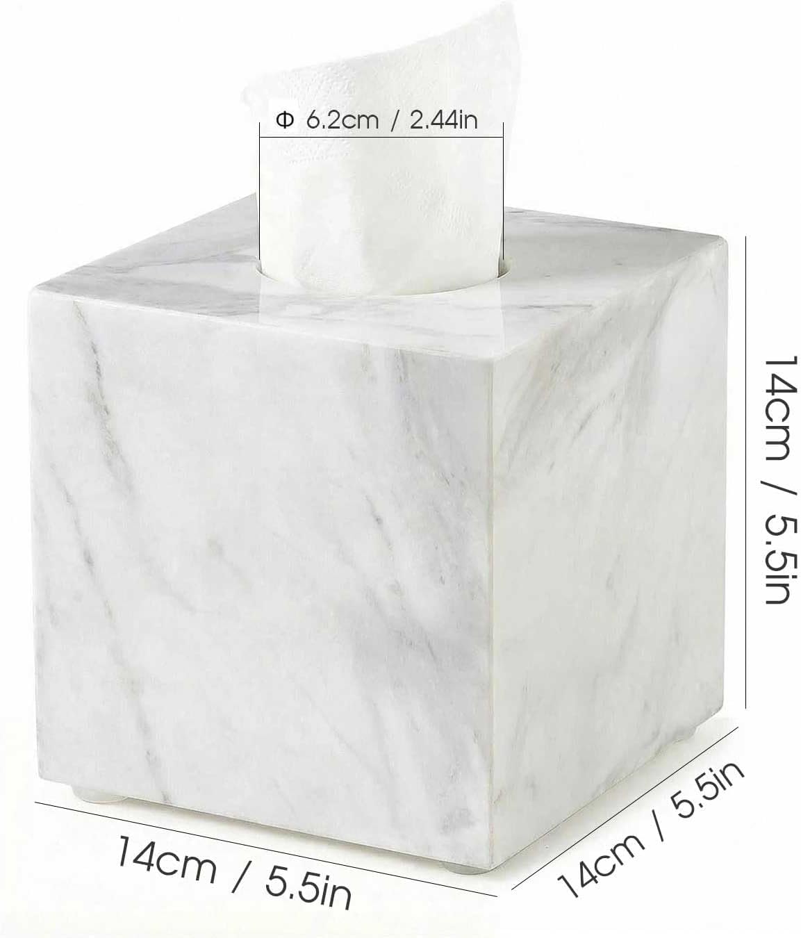 Natural Marble Tissue Box Cover - Square Facial Tissue Holder for Bathroom Vanity, Living Room & Office - Heavyweight Stone Cover fits Standard Cube Boxes, 5.5x5.5in (White)