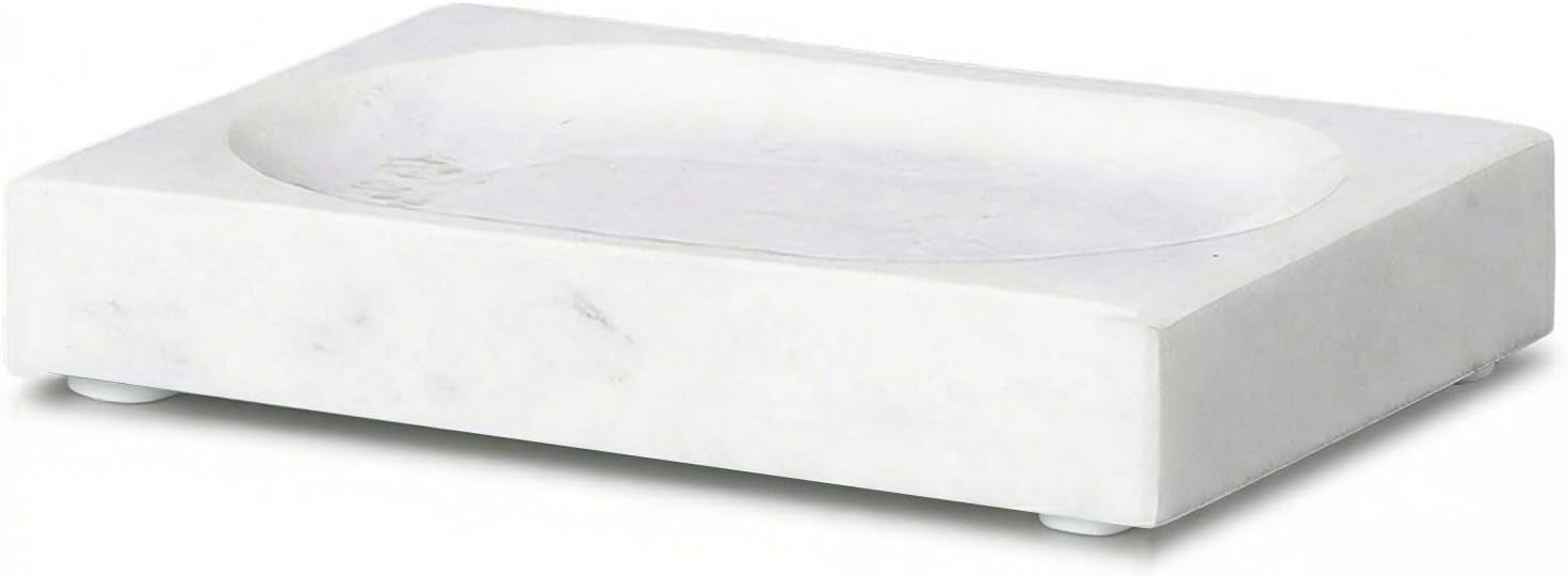 Natural Marble Soap Dish - 1.1lb Heavyweight Solid Base Soap Holder for Bathroom Vanity & Kitchen Sink - Non-Slip Handcrafted Stone Tray Shields Countertop Surfaces (White)