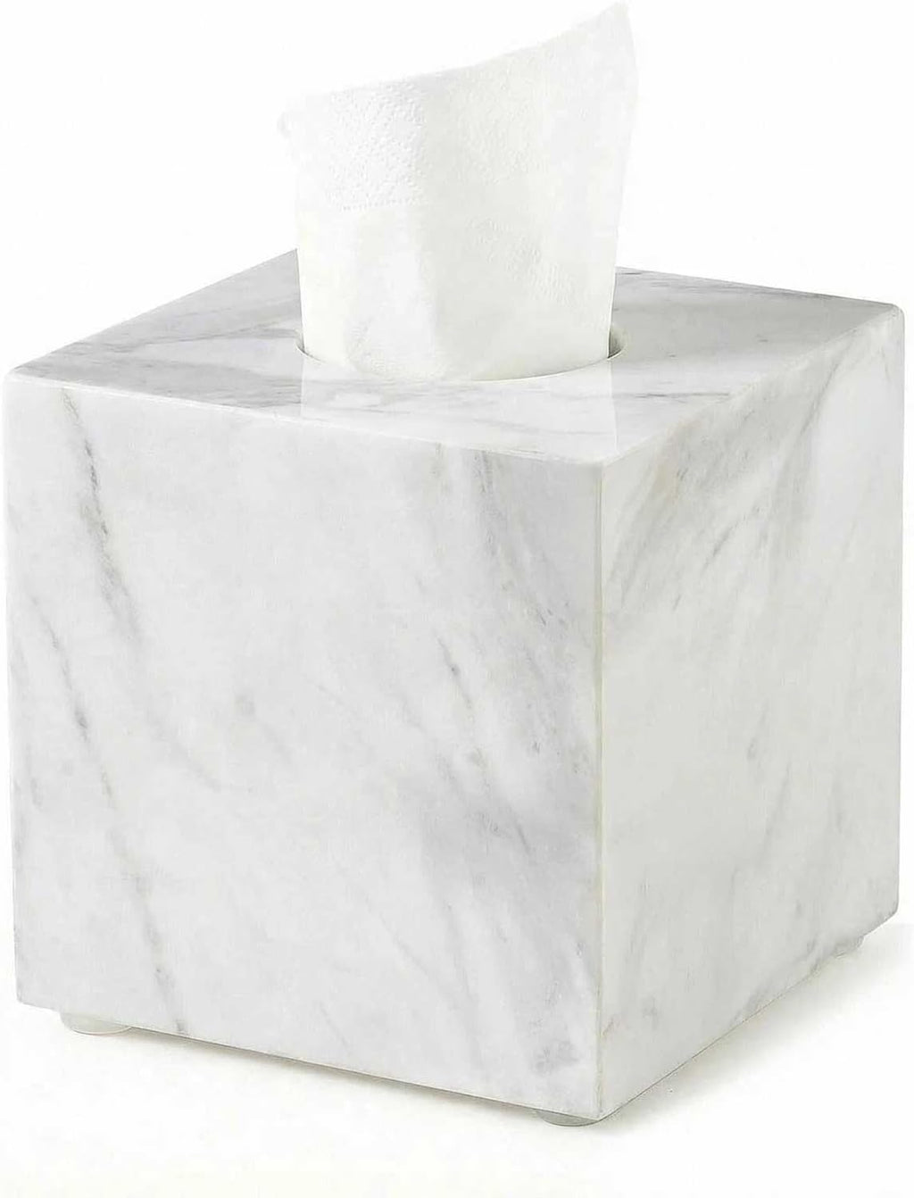 Natural Marble Tissue Box Cover - Square Facial Tissue Holder for Bathroom Vanity, Living Room & Office - Heavyweight Stone Cover fits Standard Cube Boxes, 5.5x5.5in (White)