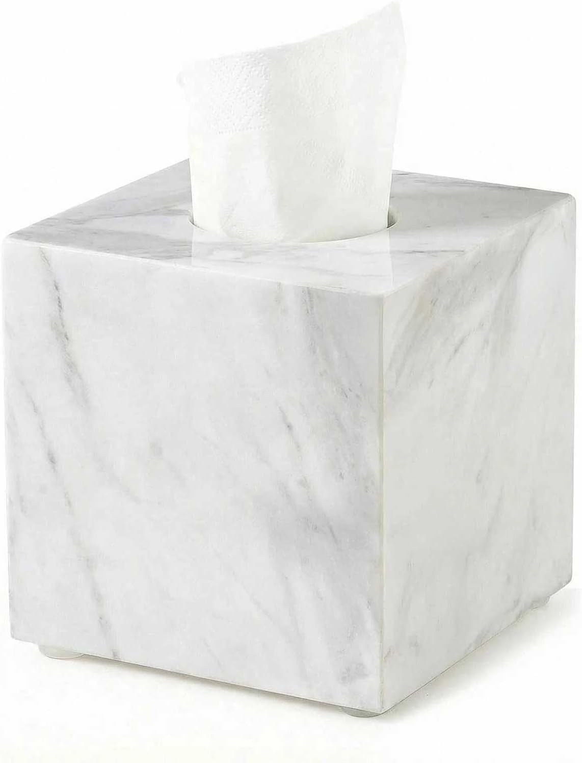 Natural Marble Tissue Box Cover - Square Facial Tissue Holder for Bathroom Vanity, Living Room & Office - Heavyweight Stone Cover fits Standard Cube Boxes, 5.5x5.5in (White)