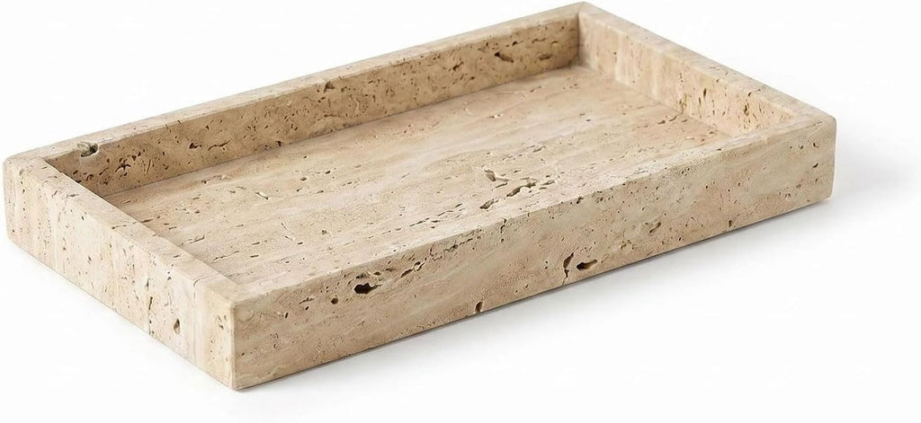Natural Travertine Tray Heavyweight Stone Vanity Tray for Bathroom Countertop, Coffee Table & Dresser - Handcrafted Rectangular Organizer(Beige Travertine, 9.84" x 4.72" x 1.18")