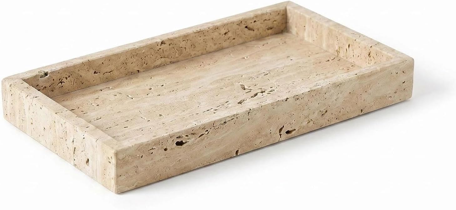 Natural Travertine Tray Heavyweight Stone Vanity Tray for Bathroom Countertop, Coffee Table & Dresser - Handcrafted Rectangular Organizer(Beige Travertine, 9.84" x 4.72" x 1.18")