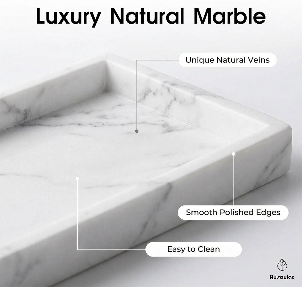 Natural Marble Tray Heavyweight Stone Vanity Tray for Bathroom Countertop, Coffee Table & Dresser - Handcrafted Rectangular Organizer (White, 9.84" x 4.72" x 1.18")