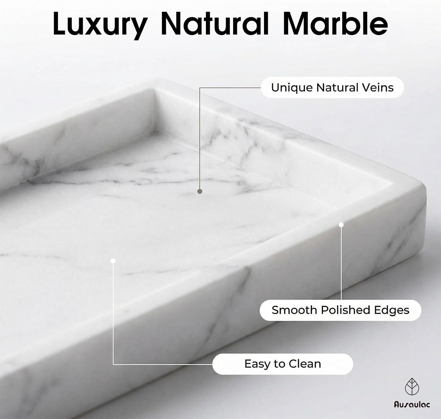 Natural Marble Tray Heavyweight Stone Vanity Tray for Bathroom Countertop, Coffee Table & Dresser - Handcrafted Rectangular Organizer (White, 9.84" x 4.72" x 1.18")