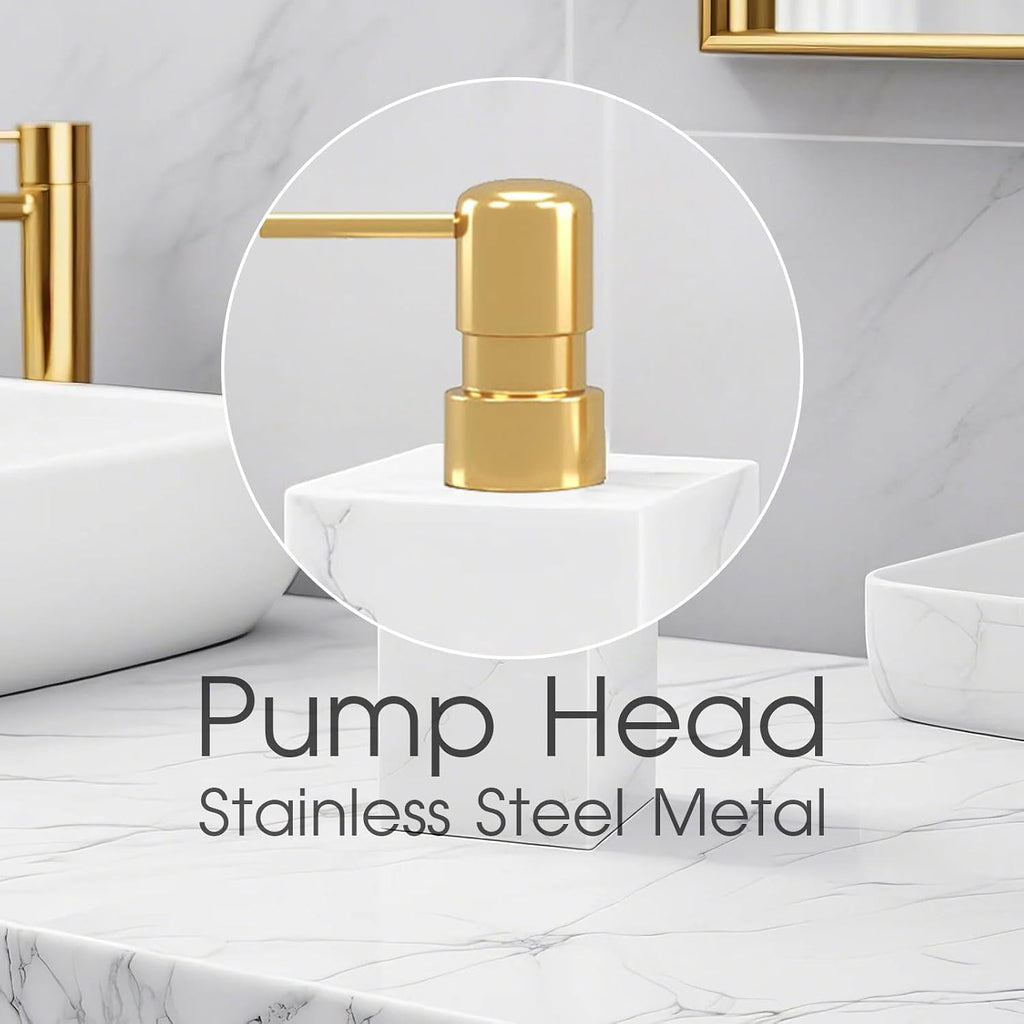 2 Pack Real Natural Marble Soap Dispenser with Stainless Steel Pump Decorative Liquid Hand Soap Bottle for Kitchen Bathroom, Compatible with Lotion, Dish Soap Shower Gel (White 2 Set)