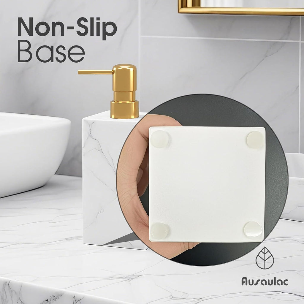 AUSAULAC Real Natural Marble Soap Dispenser with Stainless Steel Pump Decorative Liquid Hand Soap Bottle for Kitchen Bathroom, Compatible with Lotion, Dish Soap Shower Gel (White 1 Set)