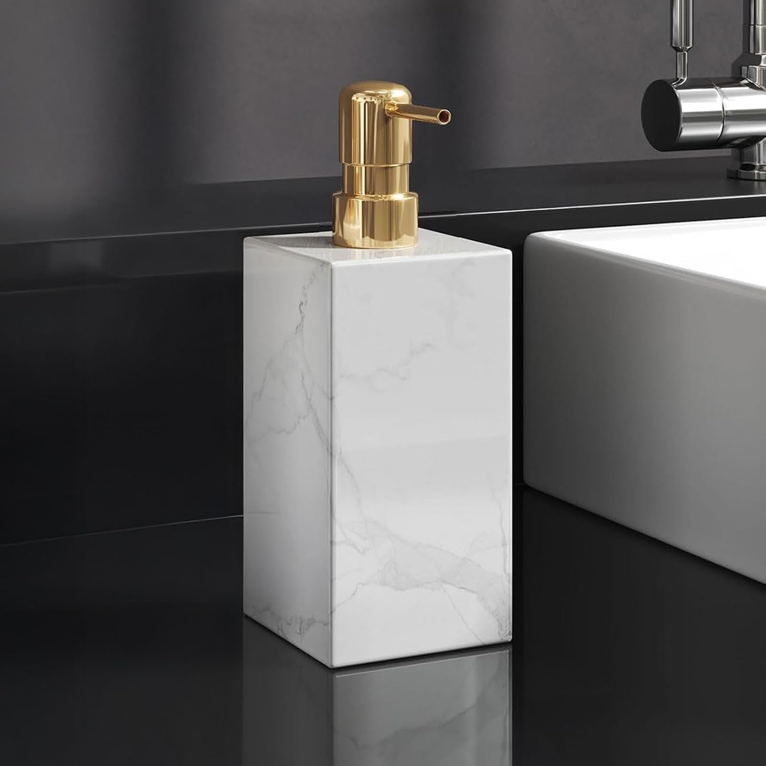 AUSAULAC Real Natural Marble Soap Dispenser with Stainless Steel Pump Decorative Liquid Hand Soap Bottle for Kitchen Bathroom, Compatible with Lotion, Dish Soap Shower Gel (White 1 Set)