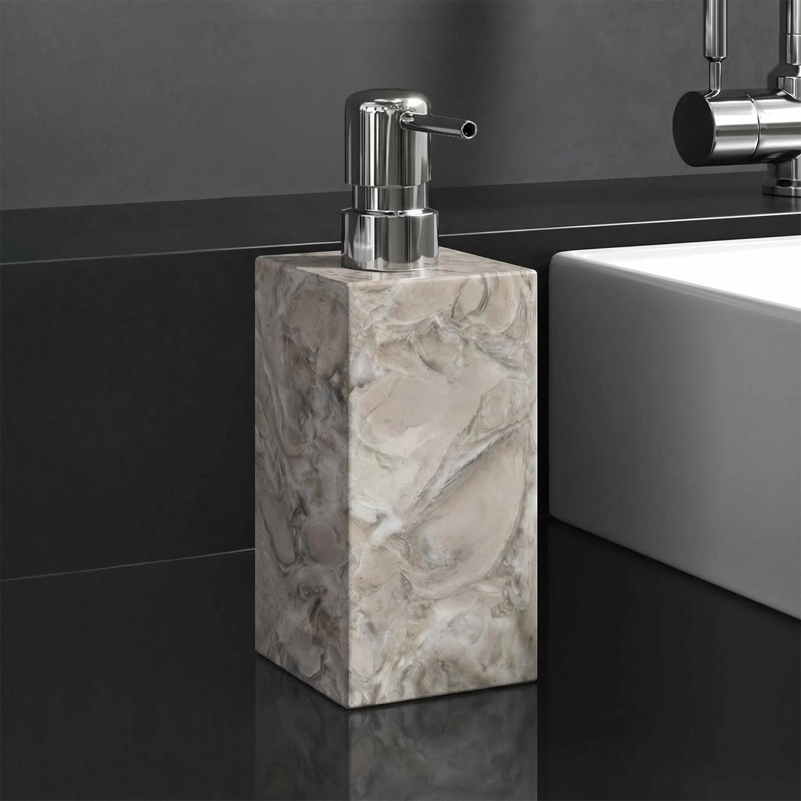 2 Pack Real Natural Marble Soap Dispenser with Stainless Steel Pump Decorative Liquid Hand Soap Bottle for Kitchen Bathroom, Compatible with Lotion, Dish Soap Shower Gel (Brown 2 Set)