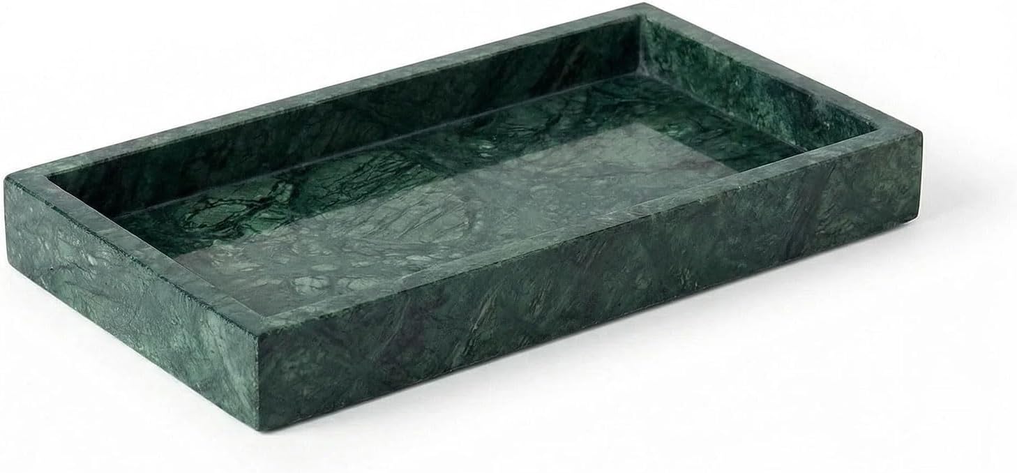 Natural Marble Tray Heavyweight Stone Vanity Tray for Bathroom Countertop, Coffee Table & Dresser - Handcrafted Rectangular Organizer (Green, 9.84" x 4.72" x 1.18")
