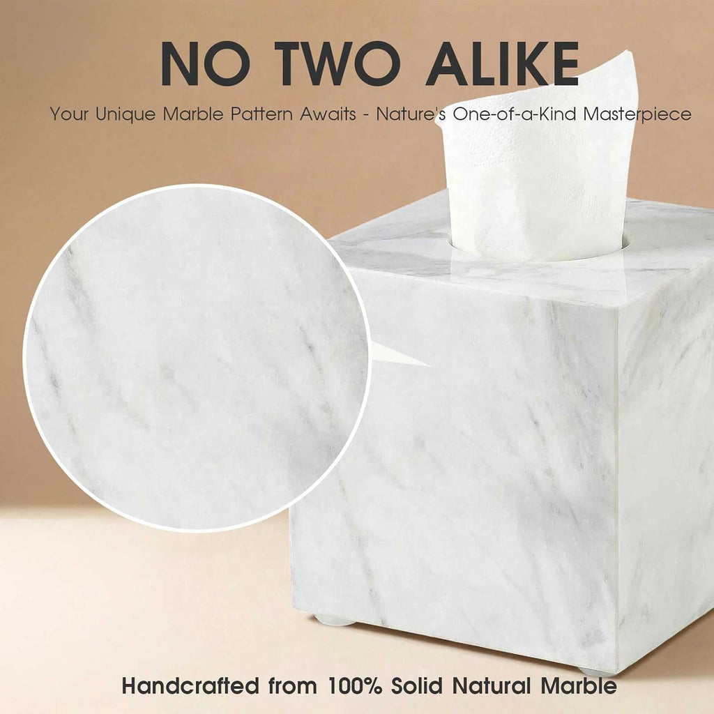 Natural Marble Tissue Box Cover - Square Facial Tissue Holder for Bathroom Vanity, Living Room & Office - Heavyweight Stone Cover fits Standard Cube Boxes, 5.5x5.5in (White)