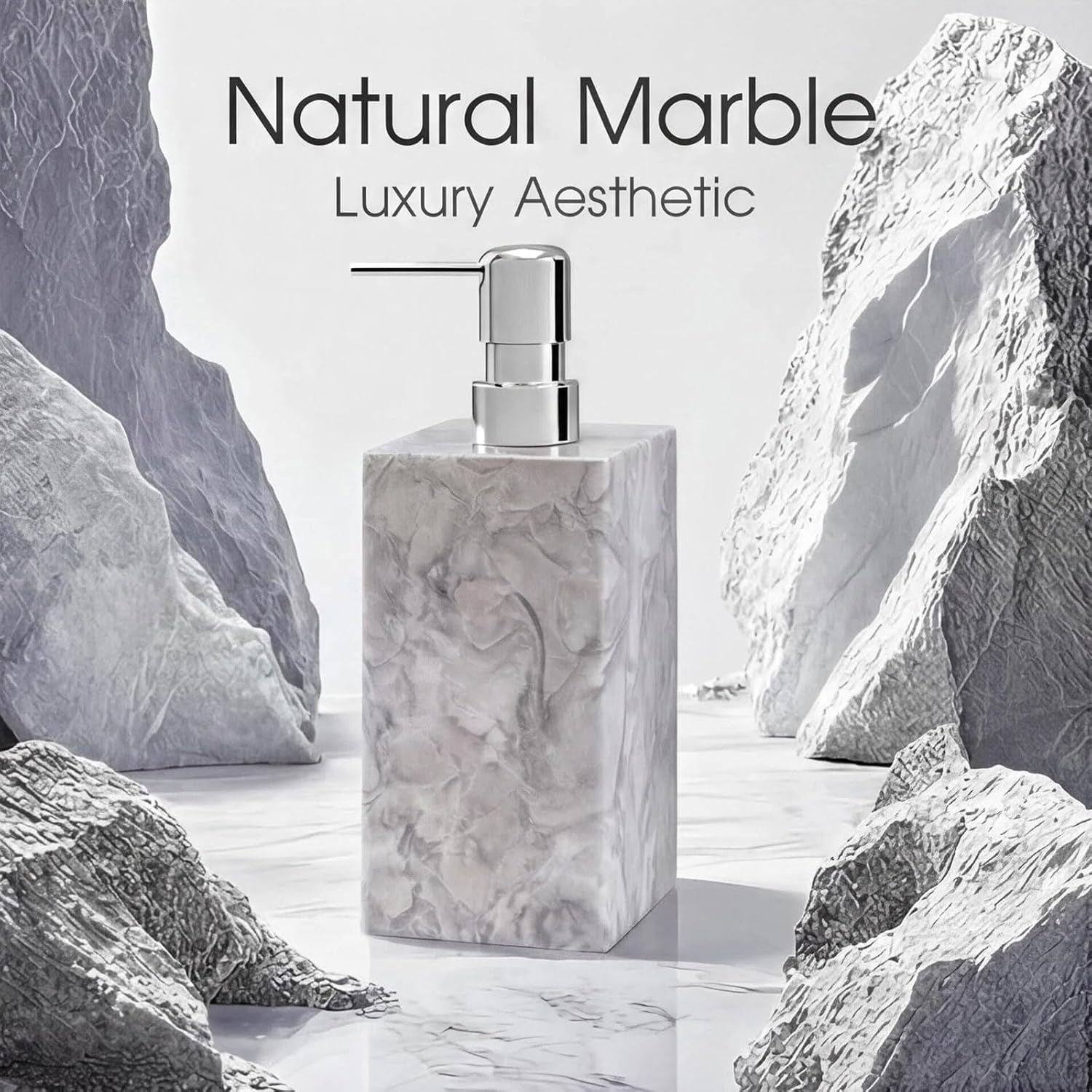 2 Set Real Natural Marble Soap Dispenser with Stainless Steel Pump – Decorative Liquid Hand Soap Bottle for Kitchen & Bathroom, Compatible with Lotion, Dish Soap & Shower Gel (Grey)