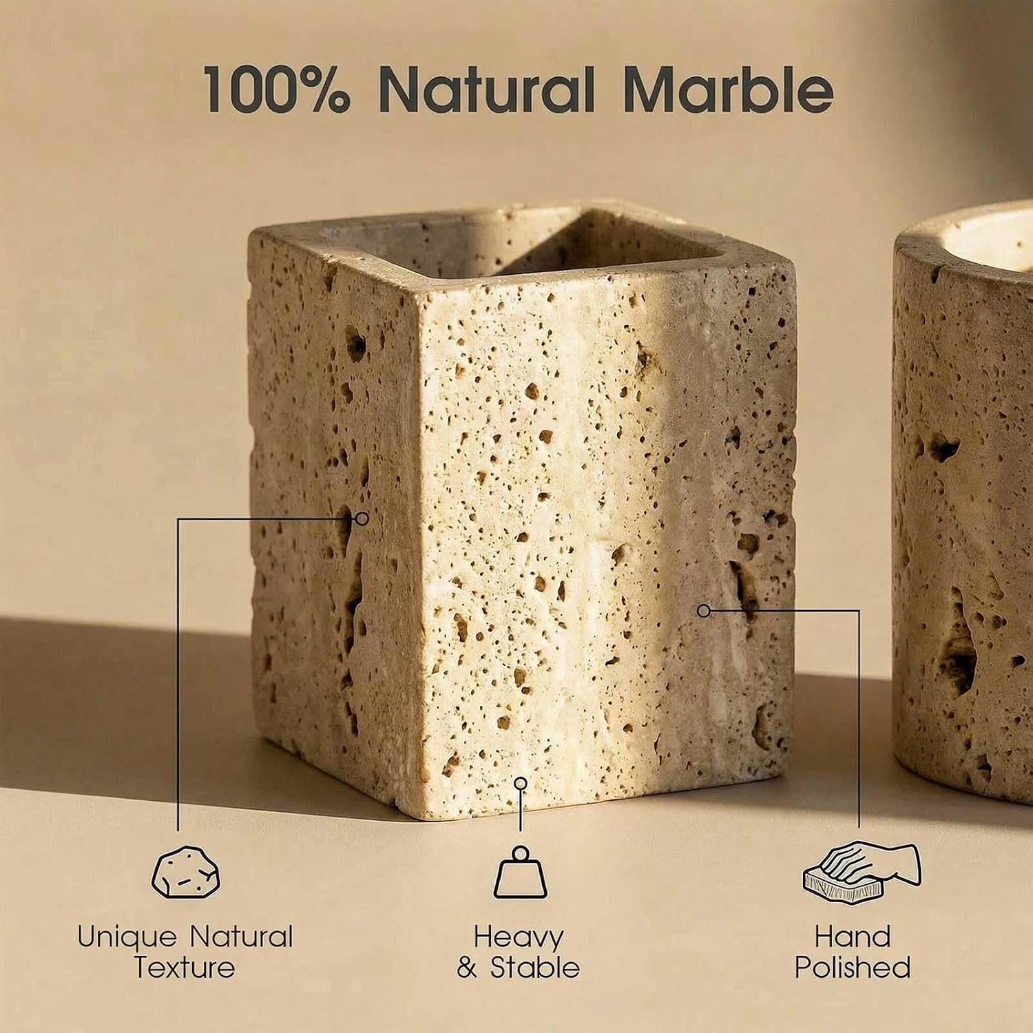 Natural Travertine Tissue Box Cover - Square Facial Tissue Holder for Bathroom Vanity, Living Room & Office - Heavyweight Stone Cover fits Standard Cube Boxes, 5.5x5.5in (Beige)