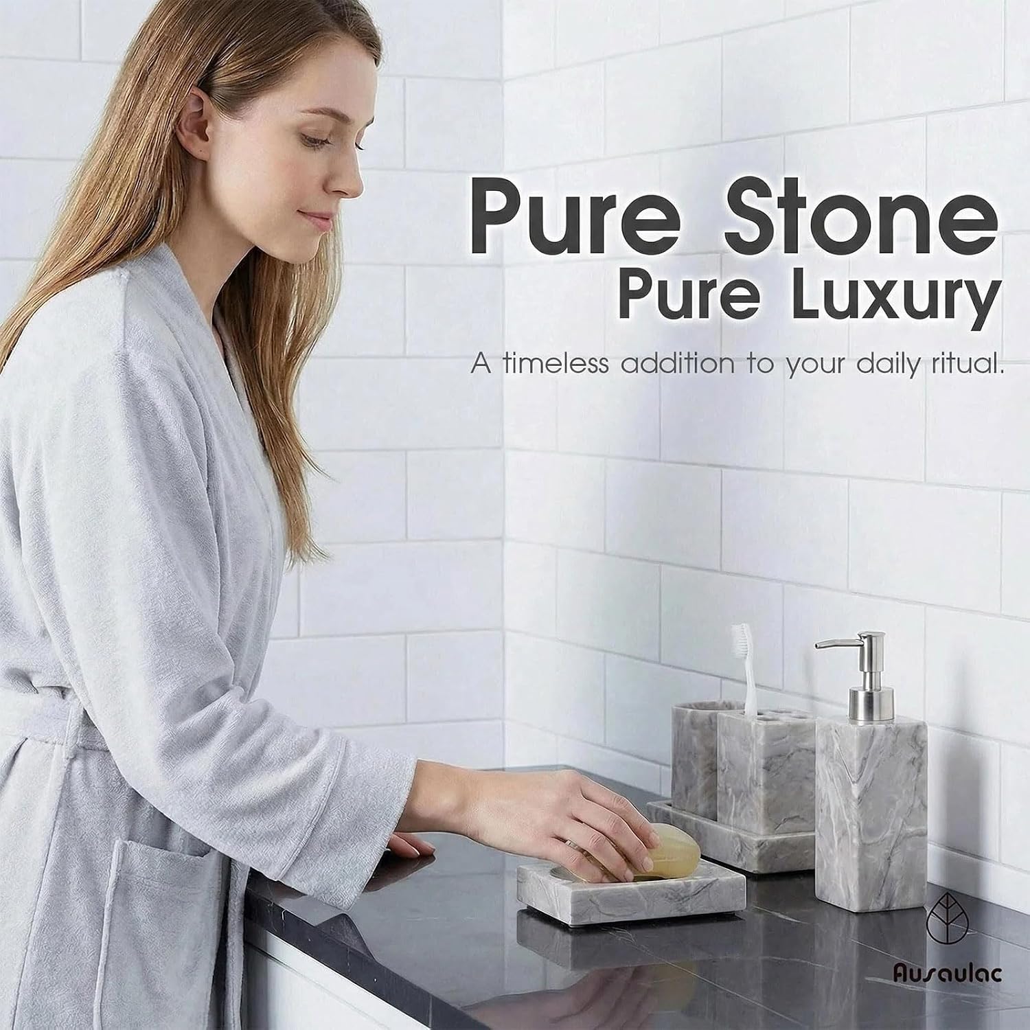 Natural Marble Soap Dish - 1.1lb Heavyweight Solid Base Soap Holder for Bathroom Vanity & Kitchen Sink - Non-Slip Handcrafted Stone Tray Shields Countertop Surfaces(Gray)