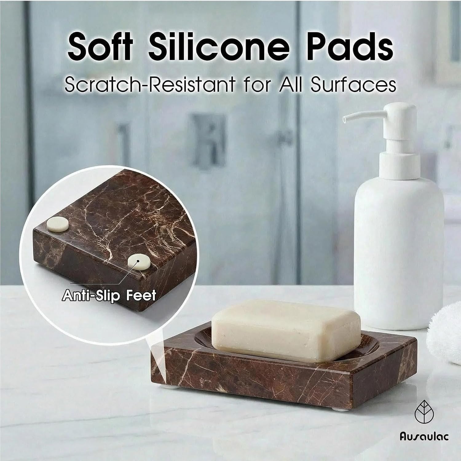 Natural Marble Soap Dish - 1.1lb Heavyweight Solid Base Soap Holder for Bathroom Vanity & Kitchen Sink - Non-Slip Handcrafted Stone Tray Shields Countertop Surfaces (Coffee)