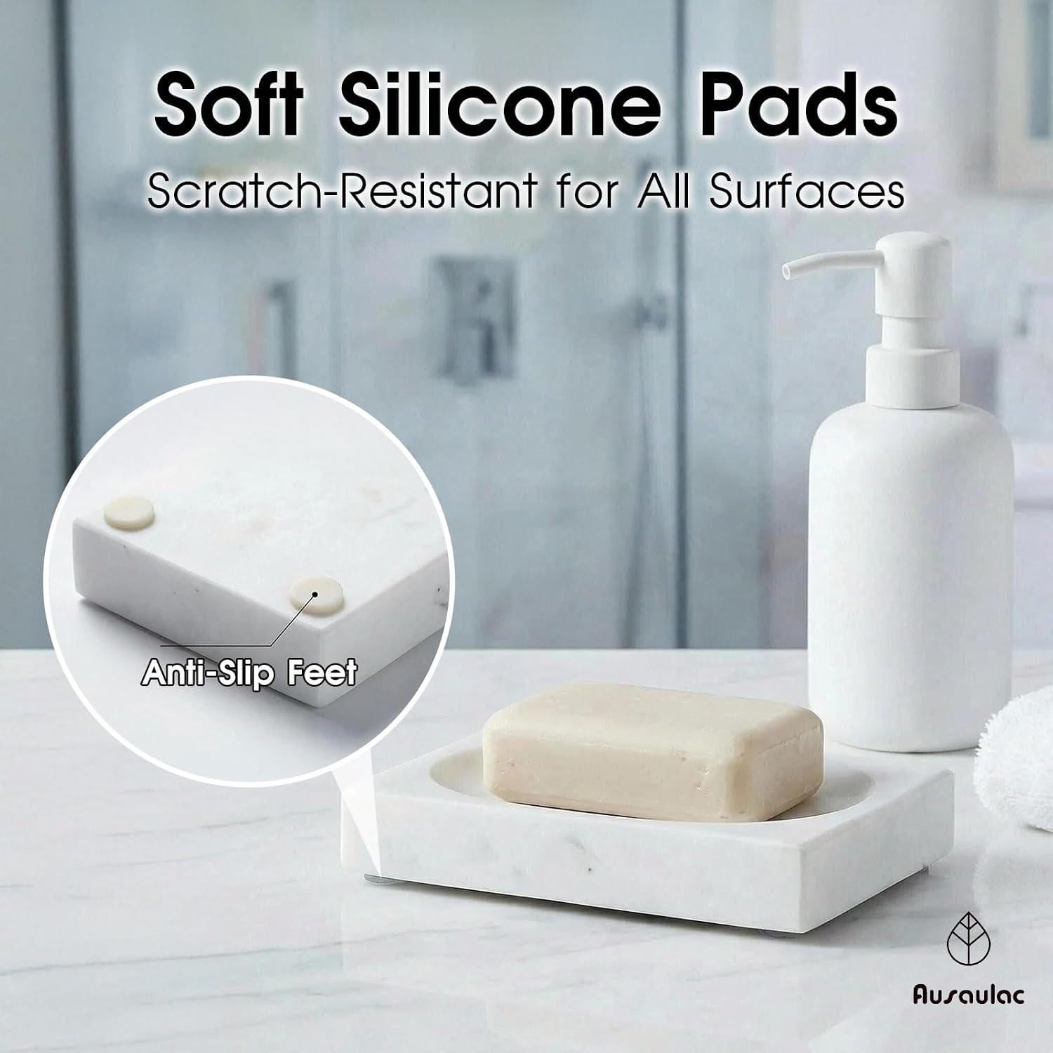 Natural Marble Soap Dish - 1.1lb Heavyweight Solid Base Soap Holder for Bathroom Vanity & Kitchen Sink - Non-Slip Handcrafted Stone Tray Shields Countertop Surfaces (White)