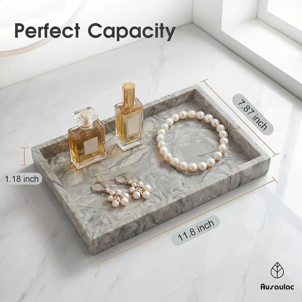 Natural Marble Tray Heavyweight Stone Vanity Tray for Bathroom Countertop, Coffee Table & Dresser - Handcrafted Rectangular Organizer (Gray X, 12" x 8" x 1.2")