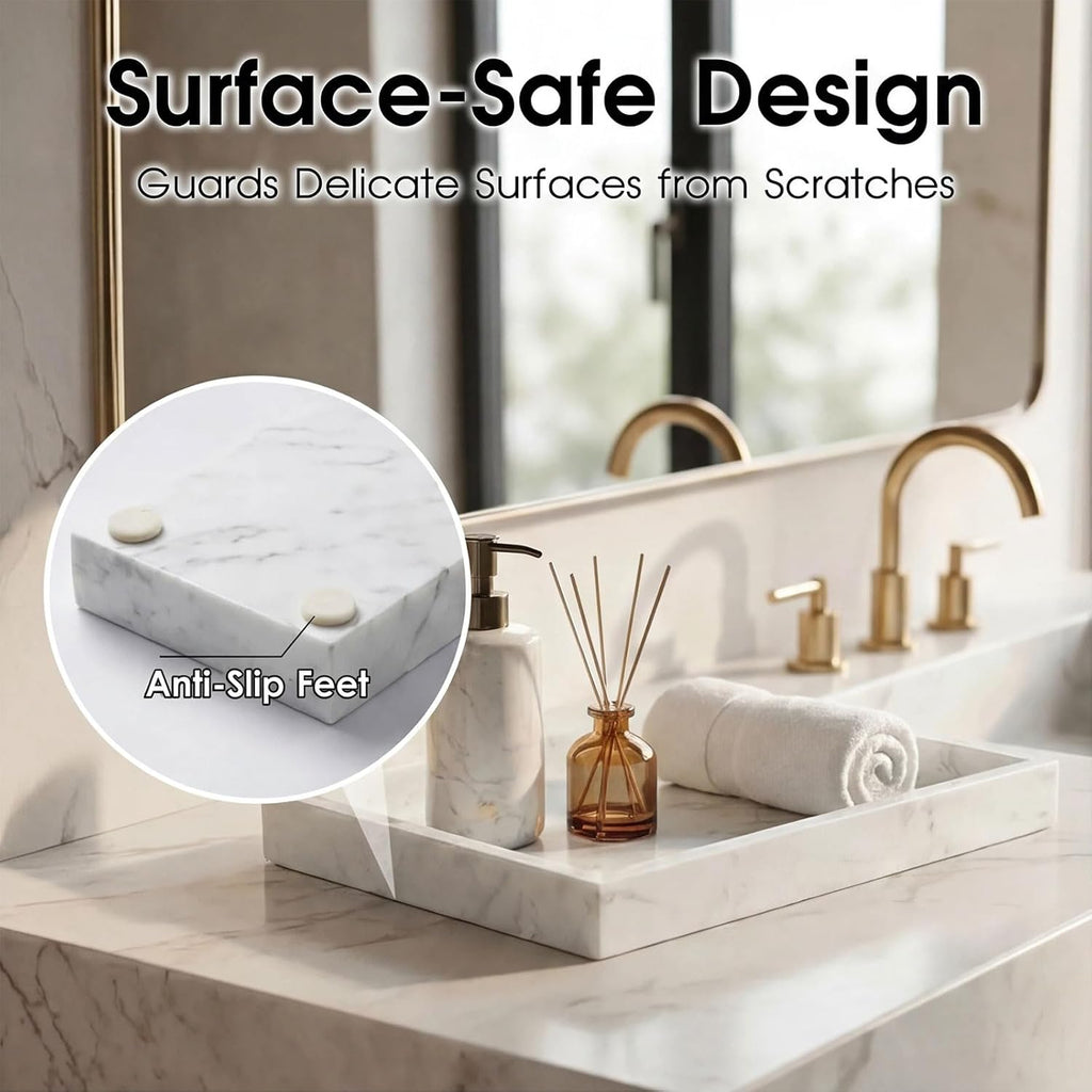 Natural Marble Tray Heavyweight Stone Vanity Tray for Bathroom Countertop, Coffee Table & Dresser - Handcrafted Rectangular Organizer (White X, 12" x 8" x 1.2")