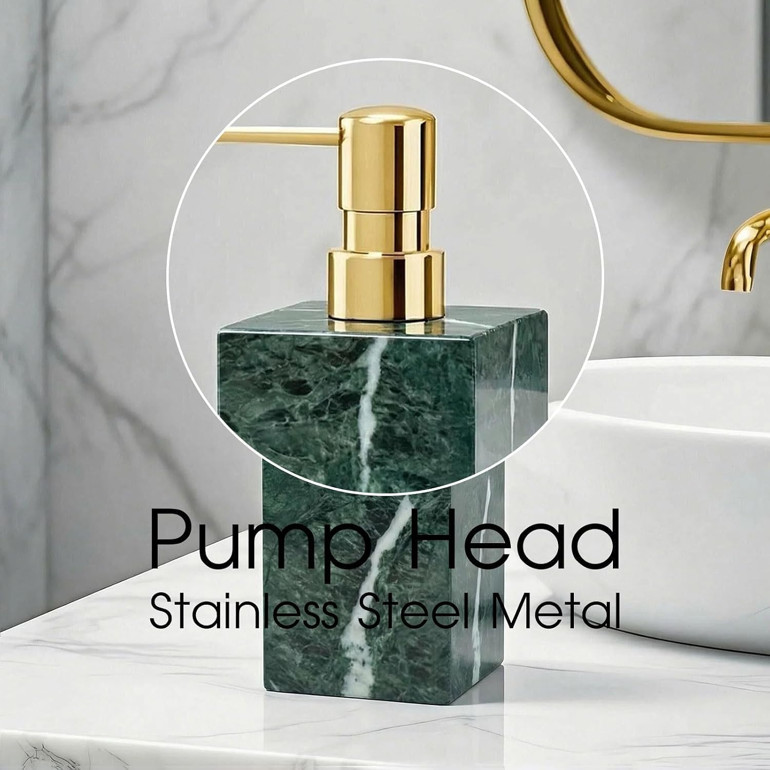 2 Set Real Natural Marble Soap Dispenser with Stainless Steel Pump – Decorative Liquid Hand Soap Bottle for Kitchen & Bathroom, Compatible with Lotion, Dish Soap & Shower Gel (Green)