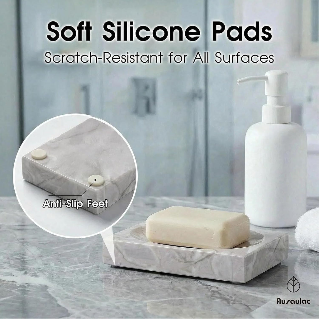 Natural Marble Soap Dish - 1.1lb Heavyweight Solid Base Soap Holder for Bathroom Vanity & Kitchen Sink - Non-Slip Handcrafted Stone Tray Shields Countertop Surfaces(Gray)